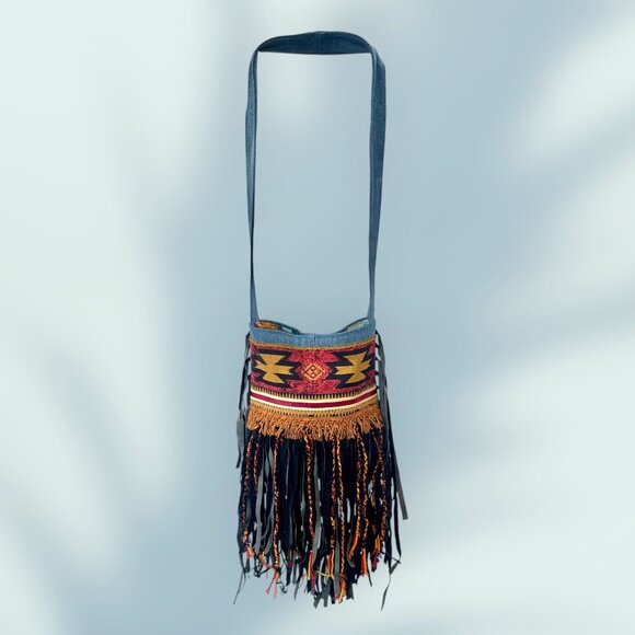 Denim & Orange Handmade, Native Inspired Crossbody Bag with Leather Fringe - Picture 2 of 9